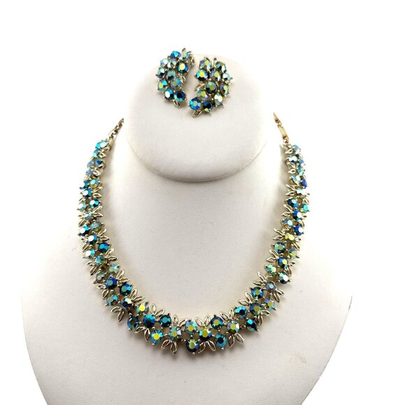 Vintage Aurora Borealis Rhinestone Necklace & Earrings Set Gold Tone Floral Clus - Picture 4 of 14